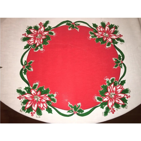 Vintage Christmas Tablecloth Cotton Fringed 55” Round Poinsettias Candelabras - Picture 2 of 8